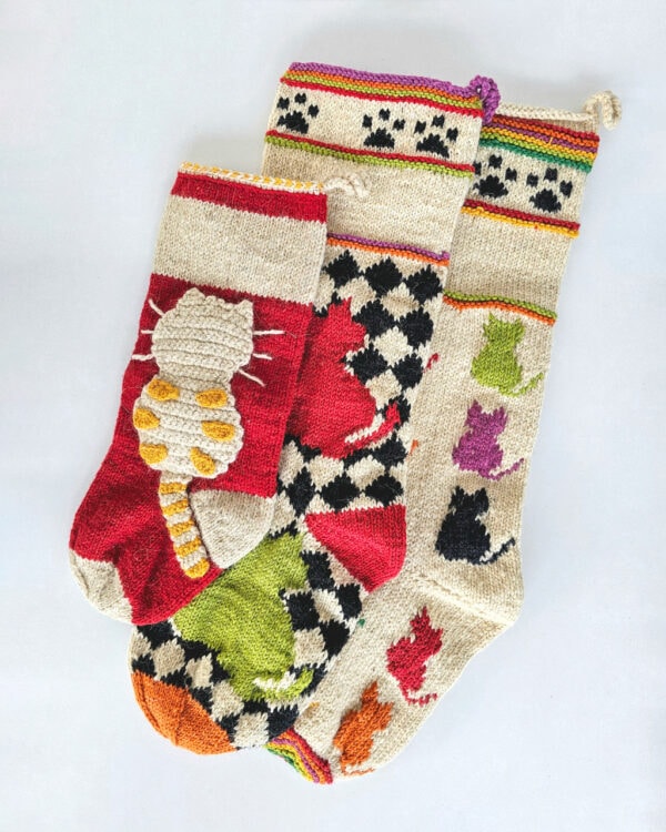 Handmade set of three cat themed Christmas stocking with colorful knit pattern