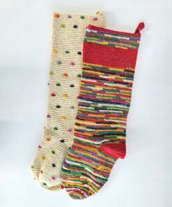 Handmade crocheted Christmas stockings in cream and multicolor stripes