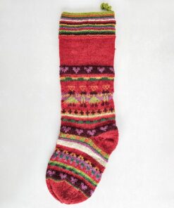Fair Trade striped Christmas stocking with hearts in red, green, pink, and multicolor pattern - Artisan Holiday Decor.