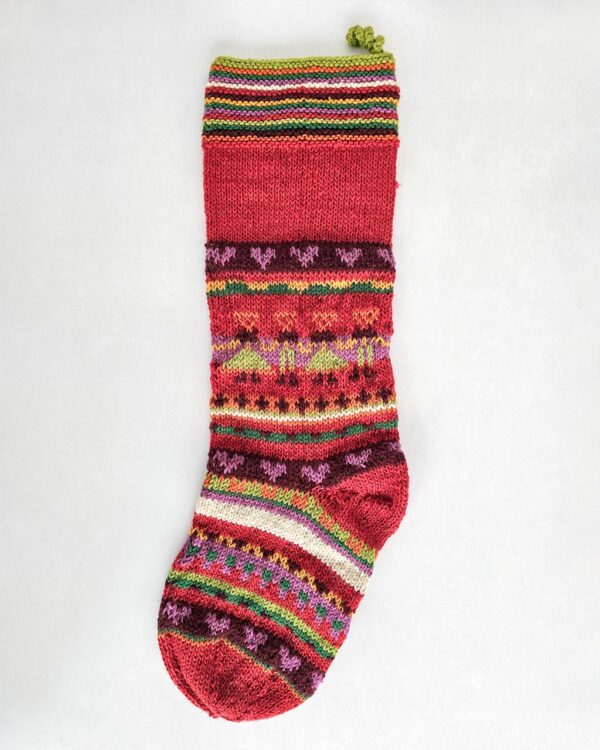 Fair Trade striped Christmas stocking with hearts in red, green, pink, and multicolor pattern - Artisan Holiday Decor.