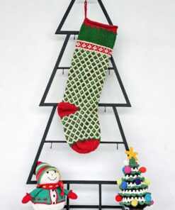 Custom name Christmas stocking, green with red trim and diamond jacquard, monogram on cuff