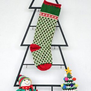 Custom name Christmas stocking, green with red trim and diamond jacquard, monogram on cuff