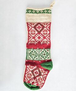 Hand-knitted Fair Trade Christmas stocking in red, green, and cream with traditional pattern.