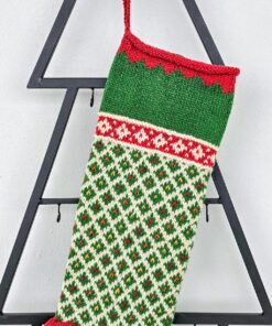 Green Christmas stocking with red cuff, heel, and toe; hand knit personalized holiday stockings