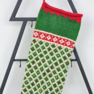Green Christmas stocking with red cuff, heel, and toe; hand knit personalized holiday stockings