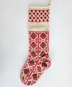 Red and green knit Christmas stocking with custom name