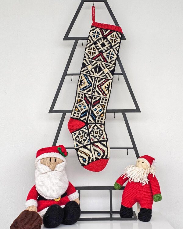 Jacquard hand-knitted holiday stocking with traditional Bosnian pattern