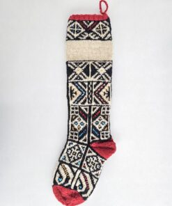 Fair-trade jacquard pattern Christmas stocking with customizable name and red accents. Make your holiday home decor unique