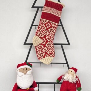 Hand-knitted red Christmas stocking with traditional Bosnian pattern, personalized name