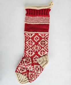 Hand-knitted red Christmas stocking with traditional Bosnian pattern, personalized name.