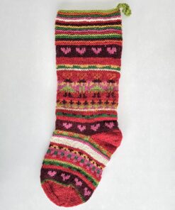 Festive knit stocking with hearts and stripes, fair-trade holiday décor
