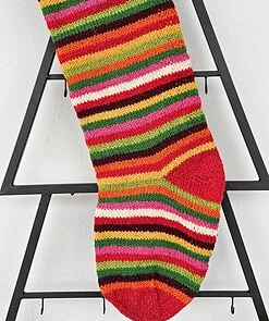 Multicolor striped holiday stocking, hand-knit in sustainable wool, 60×18 cm. Great addition to your Christmas home decor