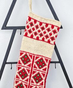 Hand-knitted red and green Christmas stocking with name embroidery from BHcrafts