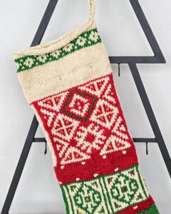Top part of Personalized Christmas Stockings Christmas stocking in festive colors hanging