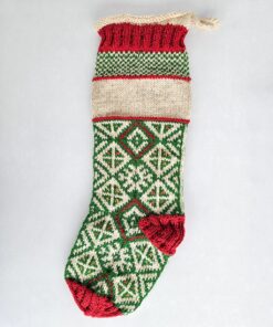 Personalized hand-knitted Christmas stocking featuring traditional Bosnian weave patterns in red, green, and cream, with a customizable embroidered name.