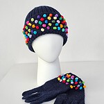 Handmade Wool Hat and Gloves with Colorful Pompoms