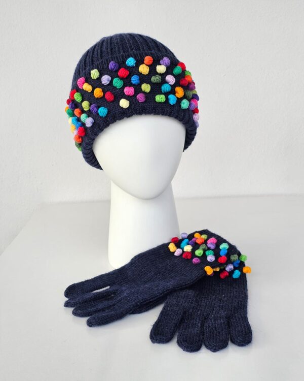 Handmade Wool Hat and Gloves with Colorful Pompoms