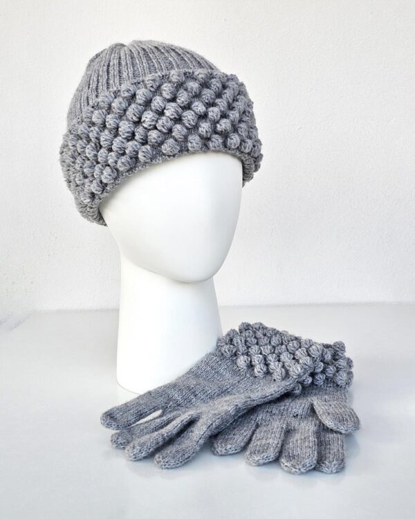Handmade Wool Hat and Gloves with Pompoms