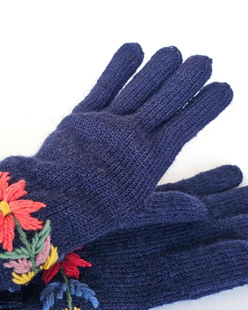 Hand-Knit Wool Hat and Gloves with Embroidered Flowers - Image 6
