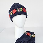 Hand-Knit Wool Hat and Gloves with Embroidered Flowers