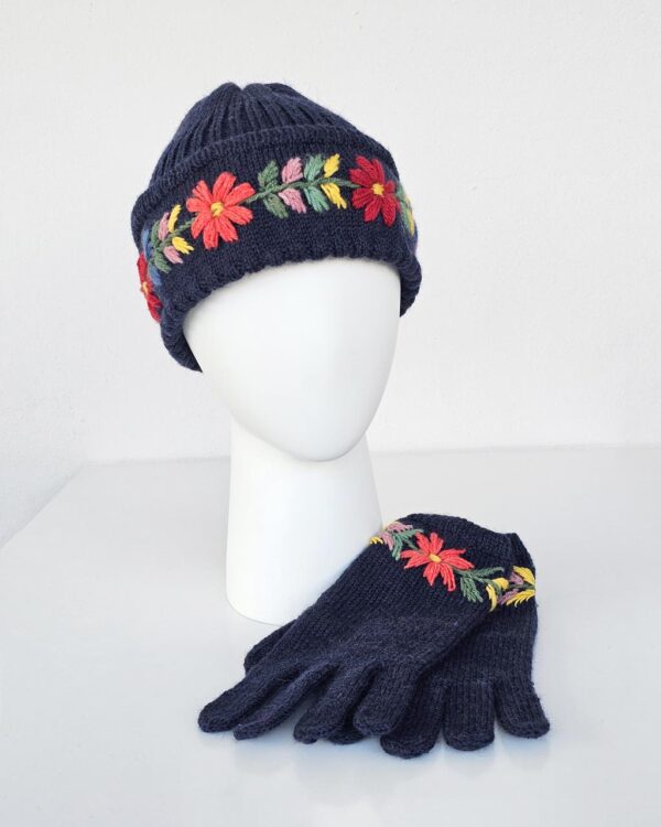 Hand-Knit Wool Hat and Gloves with Embroidered Flowers