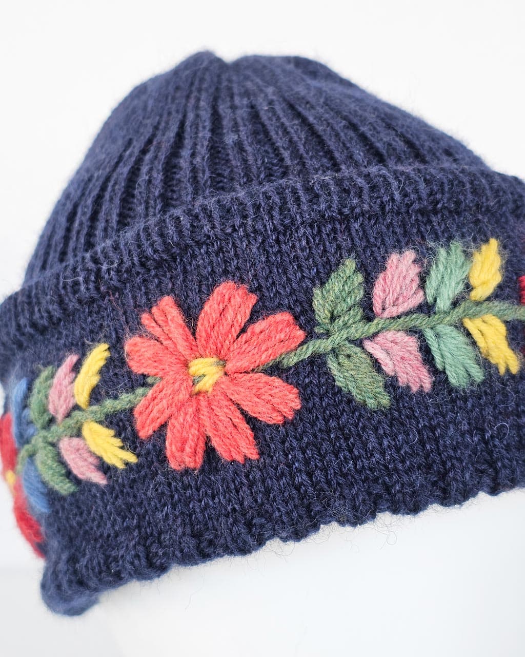 Hand-Knit Wool Hat and Gloves with Embroidered Flowers - Image 2