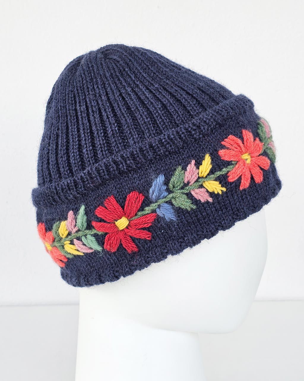 Hand-Knit Wool Hat and Gloves with Embroidered Flowers - Image 4