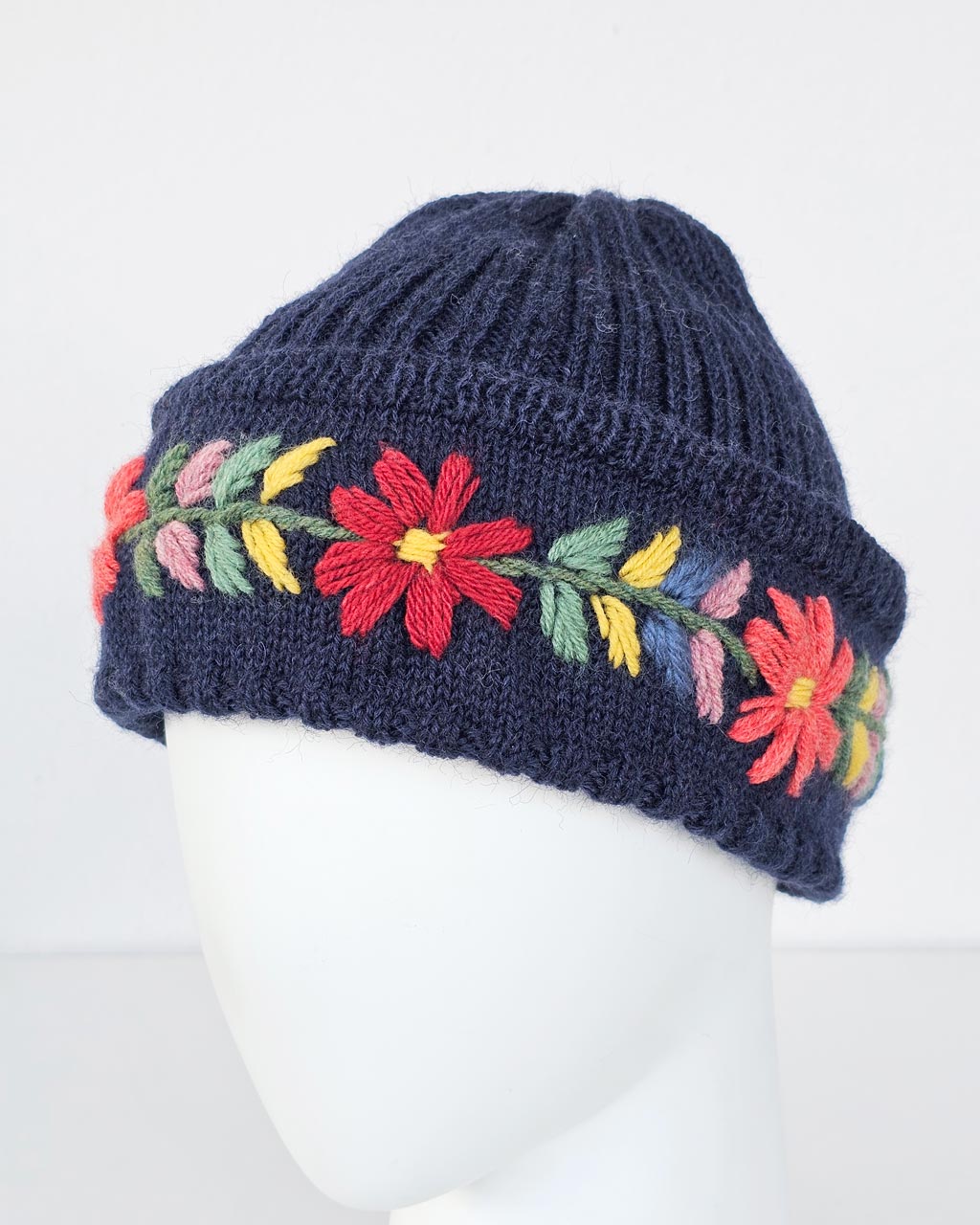 Hand-Knit Wool Hat and Gloves with Embroidered Flowers - Image 3
