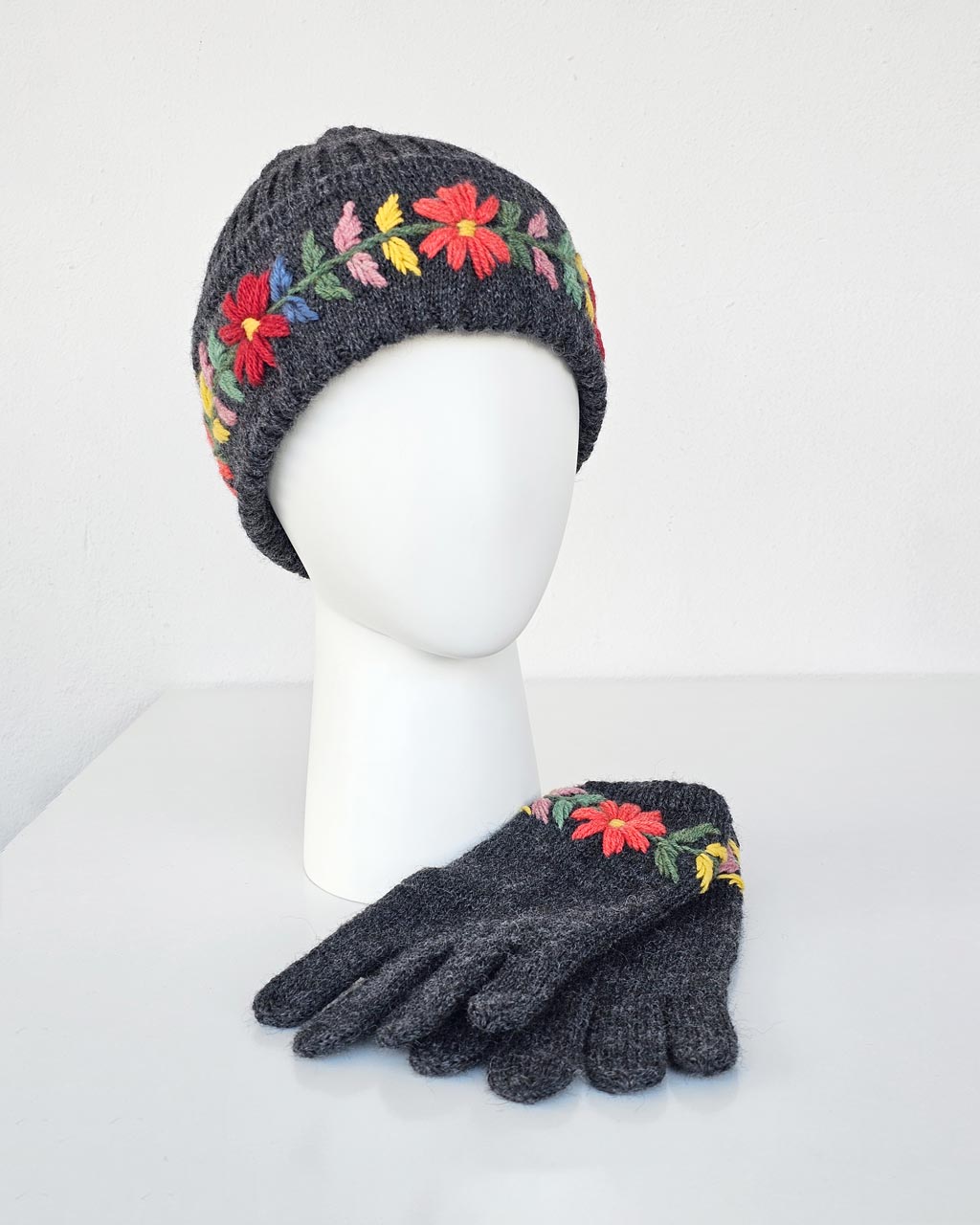 Hand-Knit Wool Hat and Gloves with Embroidered Flowers - Image 7