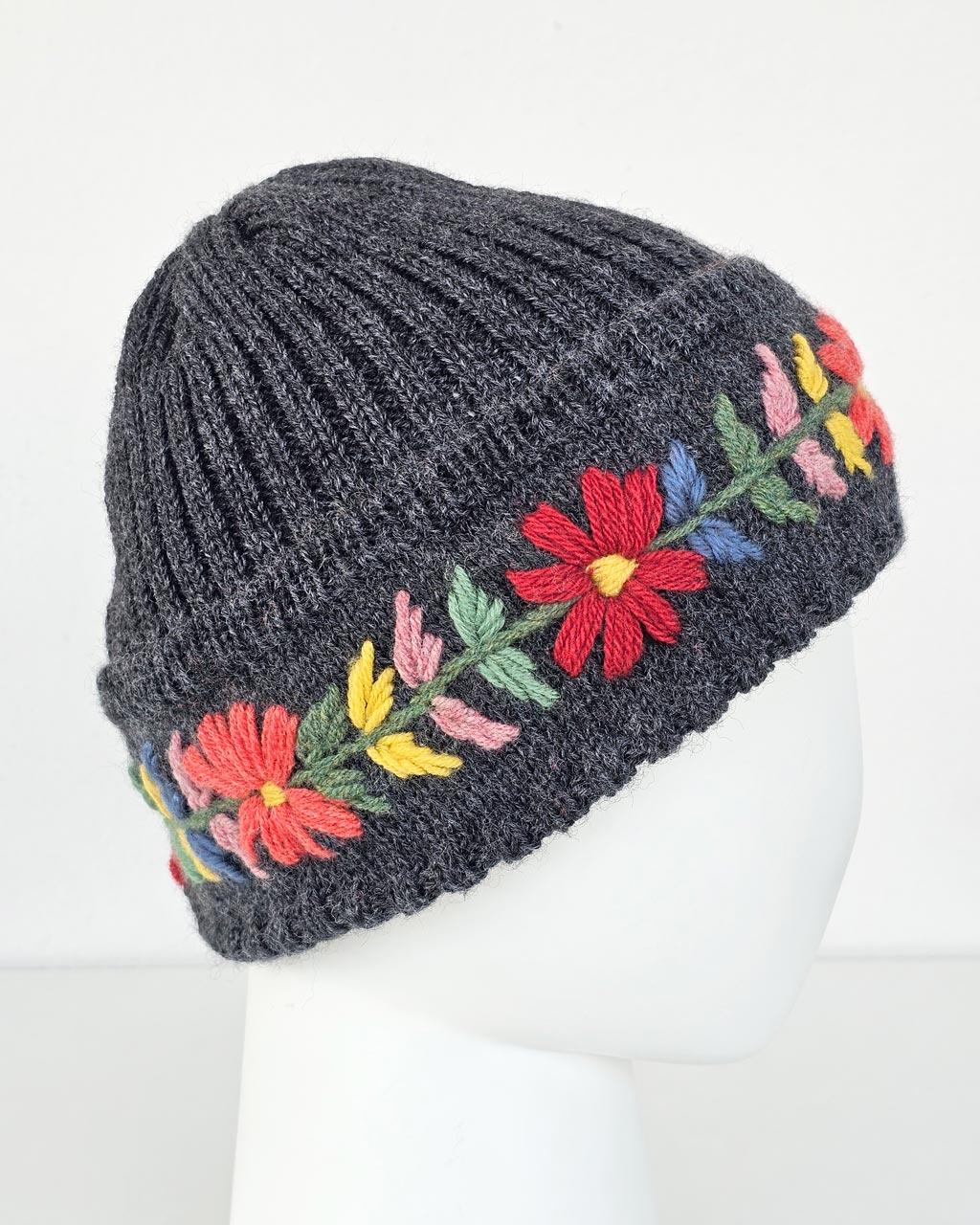 Hand-Knit Wool Hat and Gloves with Embroidered Flowers - Image 8