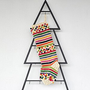 Holiday Stocking with Stripes & Colorful Pom-Poms