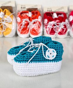 Teal hand-crocheted cotton baby booties