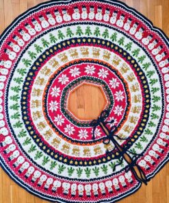 Festive tree skirt with snowmen and reindeer pattern