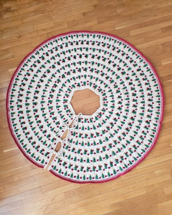 Handmade Christmas tree skirt with festive pattern