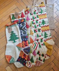 Bundle of 5 Christmas Tree Pattern Hand-Knit Christmas Stockings crafted by Fair Trade artisans