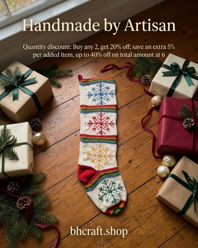 Hand-knitted Christmas stocking with large colorful snowflake patterns, made by BHcrafts artisans.