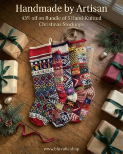 Five handknitted sustainable wool Christmas stockings made by women artisans as a set