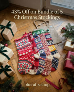 Five colourful hand-knitted Christmas stockings with snowflake designs and a jute shopping tote.