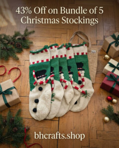 Set of five snowman Christmas stockings in cream and green with red striped scarves and black button details.