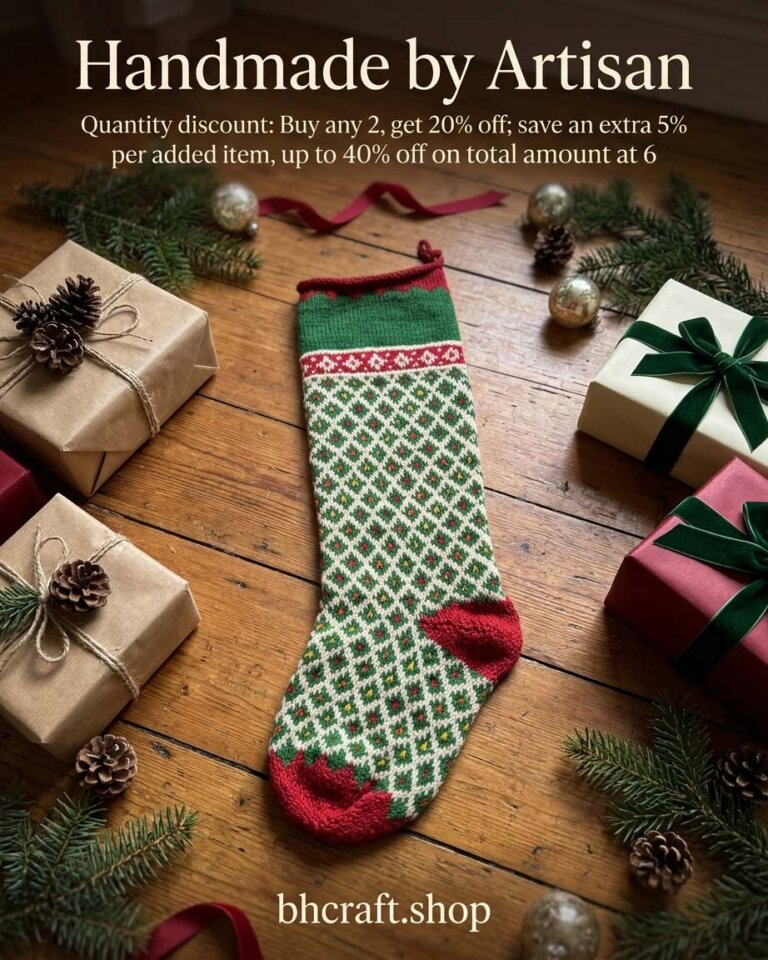 Personalized hand-knit Christmas stocking with free embroidered name, made by BHcrafts artisans.