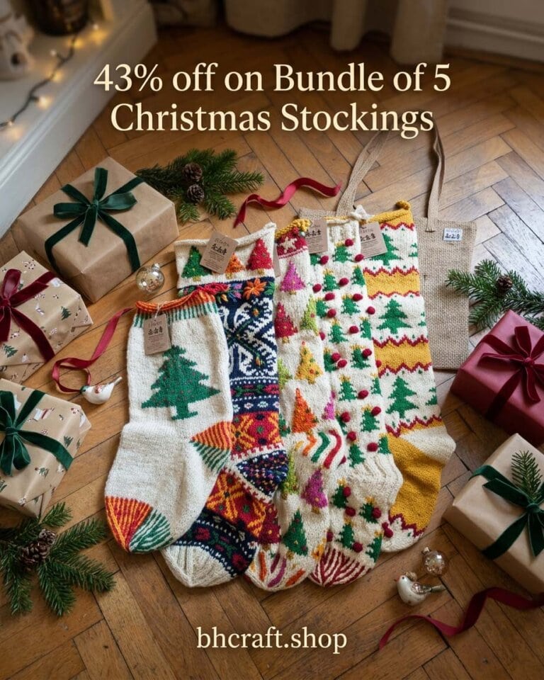 Five artisan-made knitted Christmas stockings in colorful traditional patterns, displayed together in a natural jute bag.