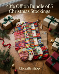 5 colourful hand-knitted Christmas stockings with folk patterns, shown with a natural jute tote bag.
